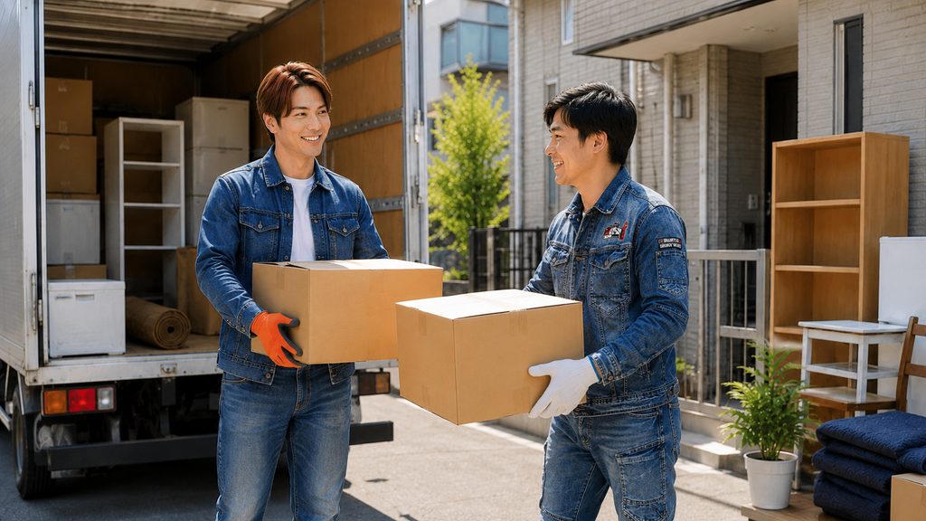 引越し作業中の住宅前で、ライフパートナーズ帯広の男性スタッフ2名が段ボールを運びながら近距離引越しをサポートしている様子