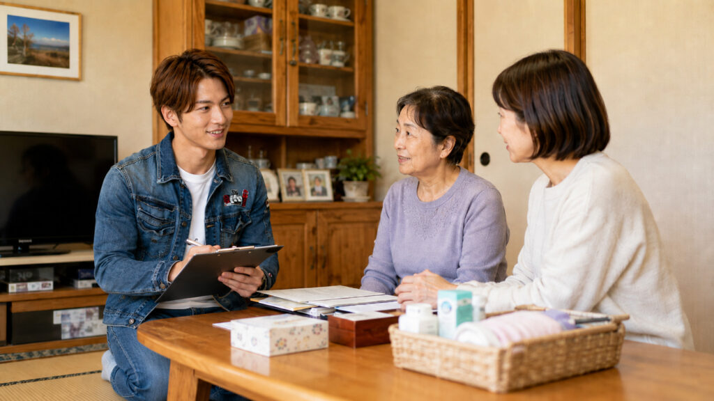 実家の居間でライフパートナーズ帯広のスタッフが家族に暮らしの困りごとを聞き取りながら相談対応している様子