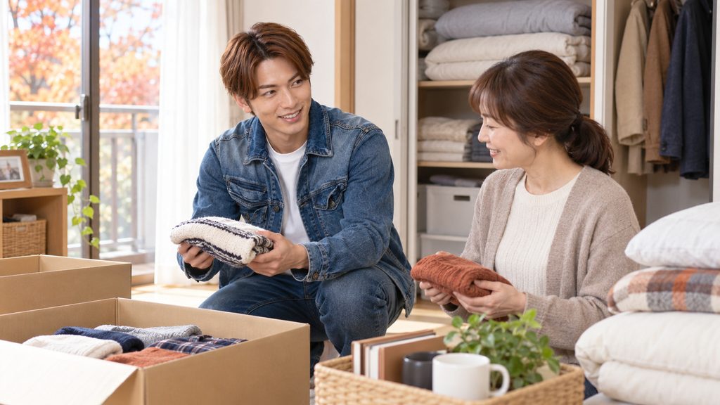 秋の室内で、ライフパートナーズ帯広のスタッフが女性と一緒に衣類や布団を確認しながら不用品整理を進めている様子