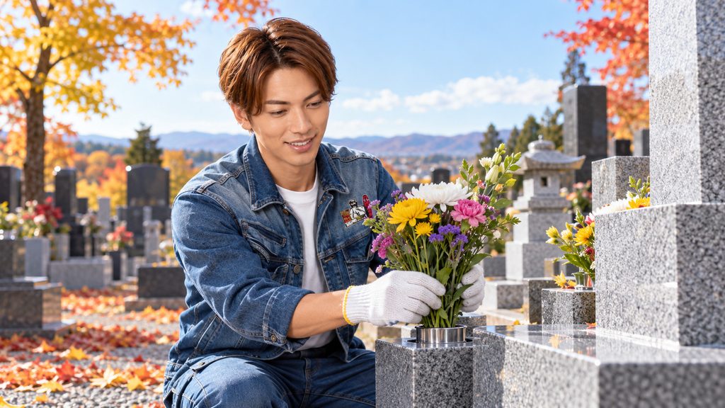秋の墓地で、ライフパートナーズ帯広の男性スタッフが墓前に花を供えながら墓参り代行を行っている様子